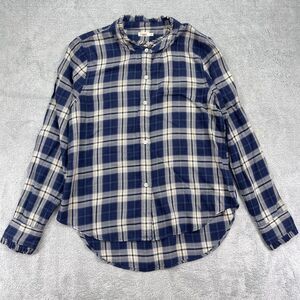 Faherty Shirt Womens Small Button-Up Blue Beige Plaid Ruffle Collar Casual